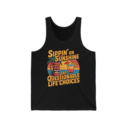 The Sippin on Sunshine Unisex Jersey Tank features playful cartoon drinks and bold lettering—perfect for summer vibes, fun celebrations, and making a statement in your sunny wardrobe.