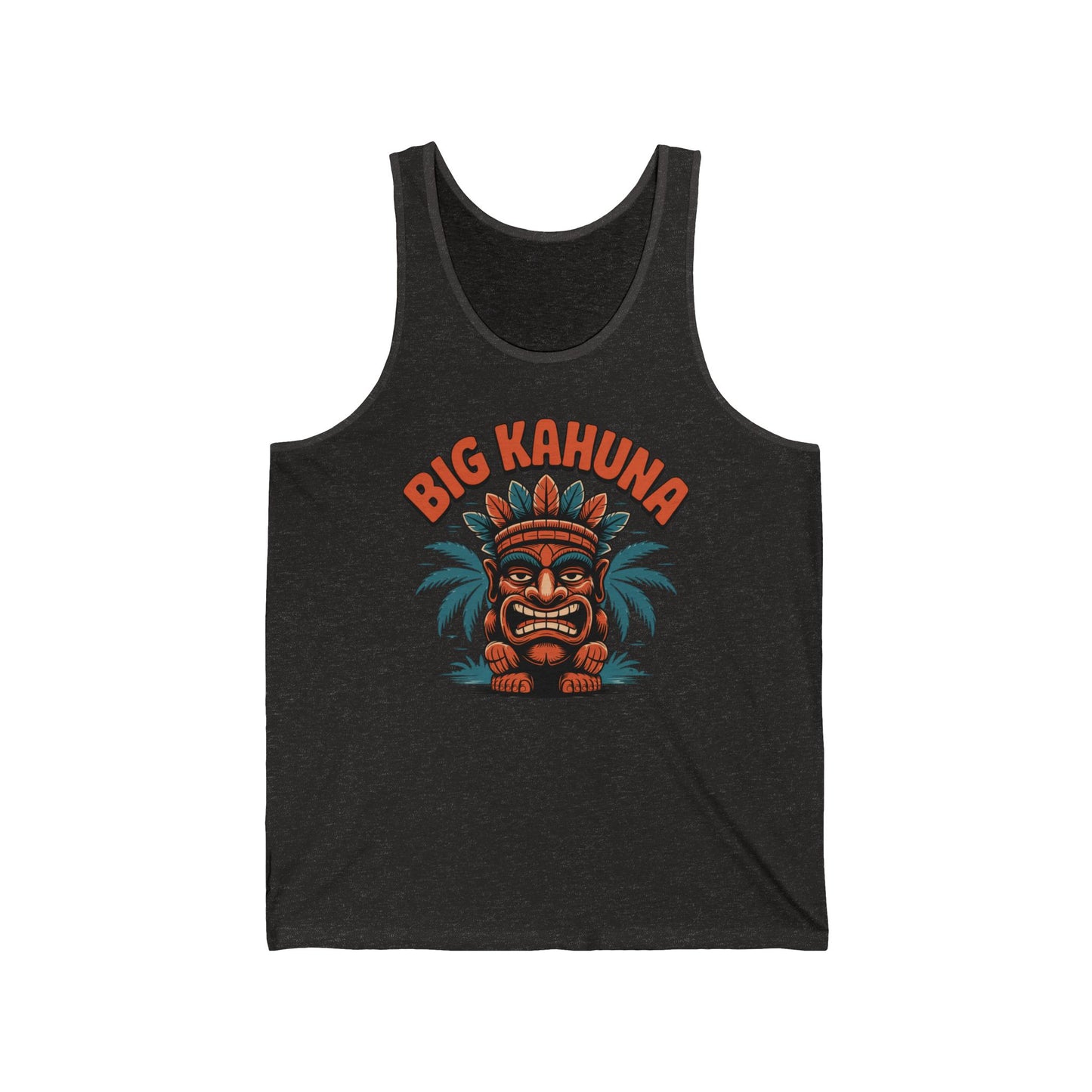 Refresh your summer look with the Big Kahuna Unisex Jersey Tiki Tank Top—featuring a vibrant tiki mask, palm leaves, and bold BIG KAHUNA lettering for tropical vibes and standout style.