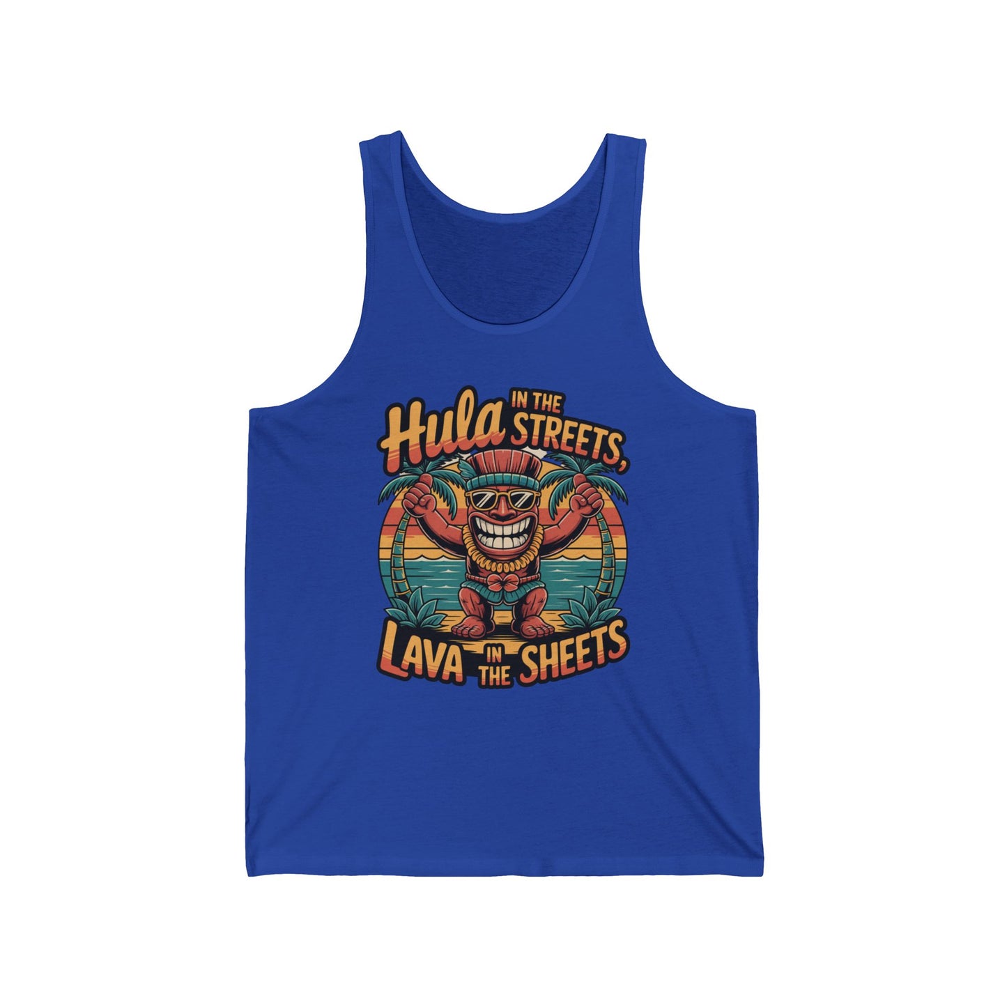 The Hula in the Streets Lava in the Sheets Unisex Jersey Tank - Summer Vibes Tank Top features a cartoon tiki with palm leaves and bold, colorful text—perfect for summer celebrations. Crafted from soft Airlume combed cotton.