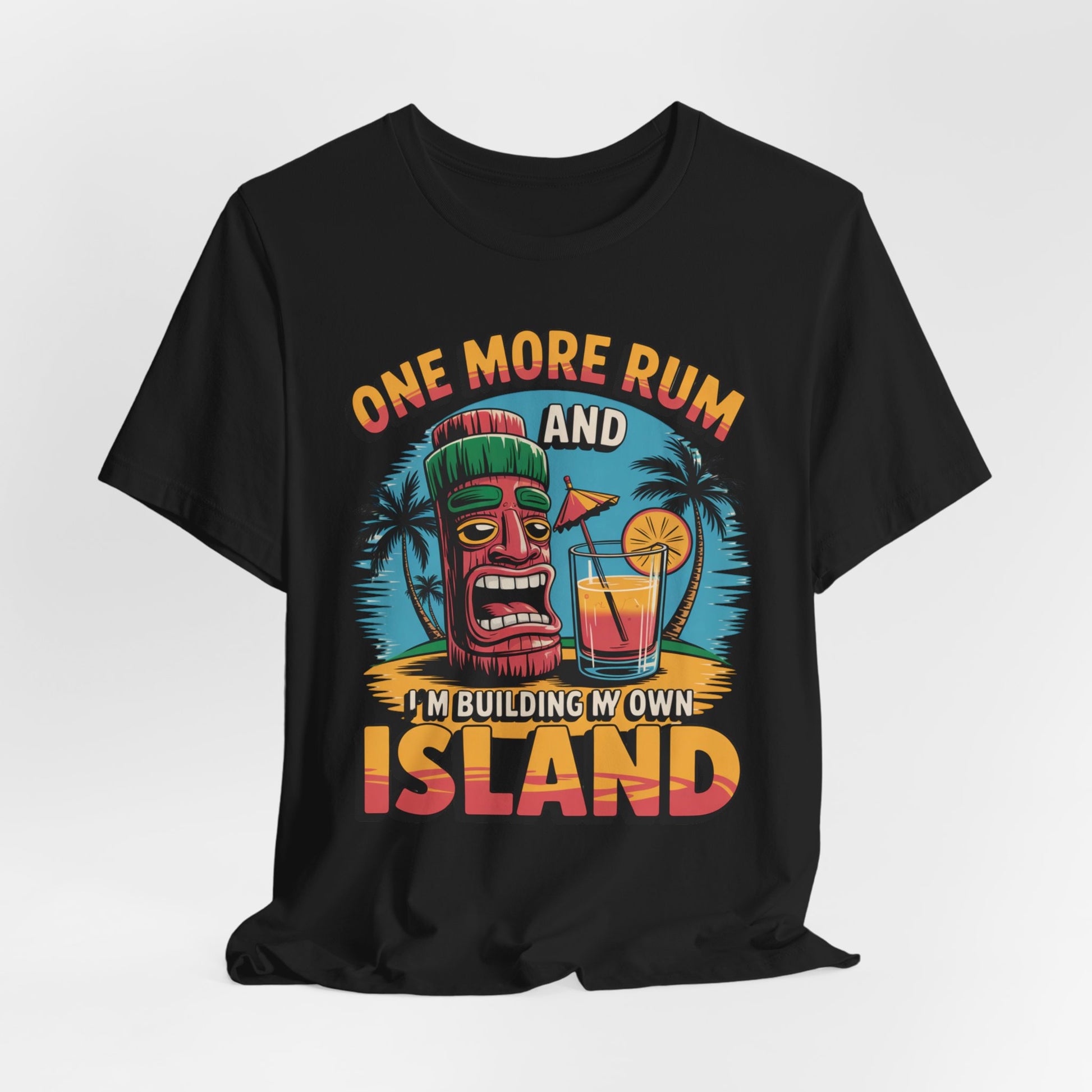 The Tropical Vacation Tiki T-Shirt – One More Rum and Im Building My Own Island features a colorful tiki face, tropical drink, and palm trees on lightweight black unisex jersey. Perfect for beach lovers.