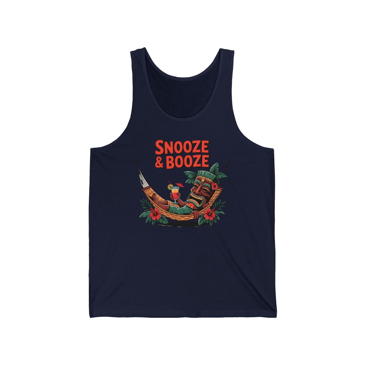The Snooze & Booze Unisex Jersey Tiki Tank Top features a colorful hammock-and-tiki graphic with SNOOZE & BOOZE text, made from lightweight fabric—perfect for beach days, parties, summer festivals, and tropical vibes.
