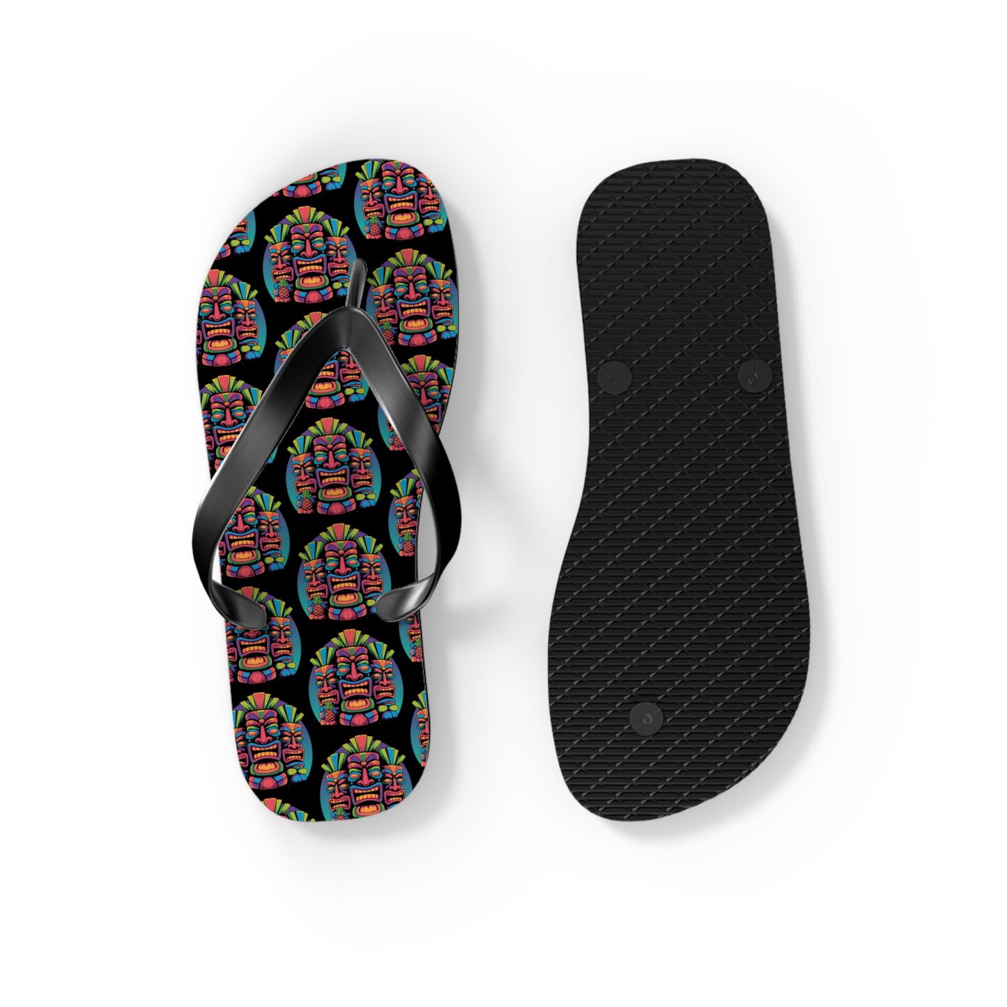 The Tropical Pineapple Flip Flops—ideal for summer fun—showcase a lively pineapple design on one side with a simple black textured sole on the other.