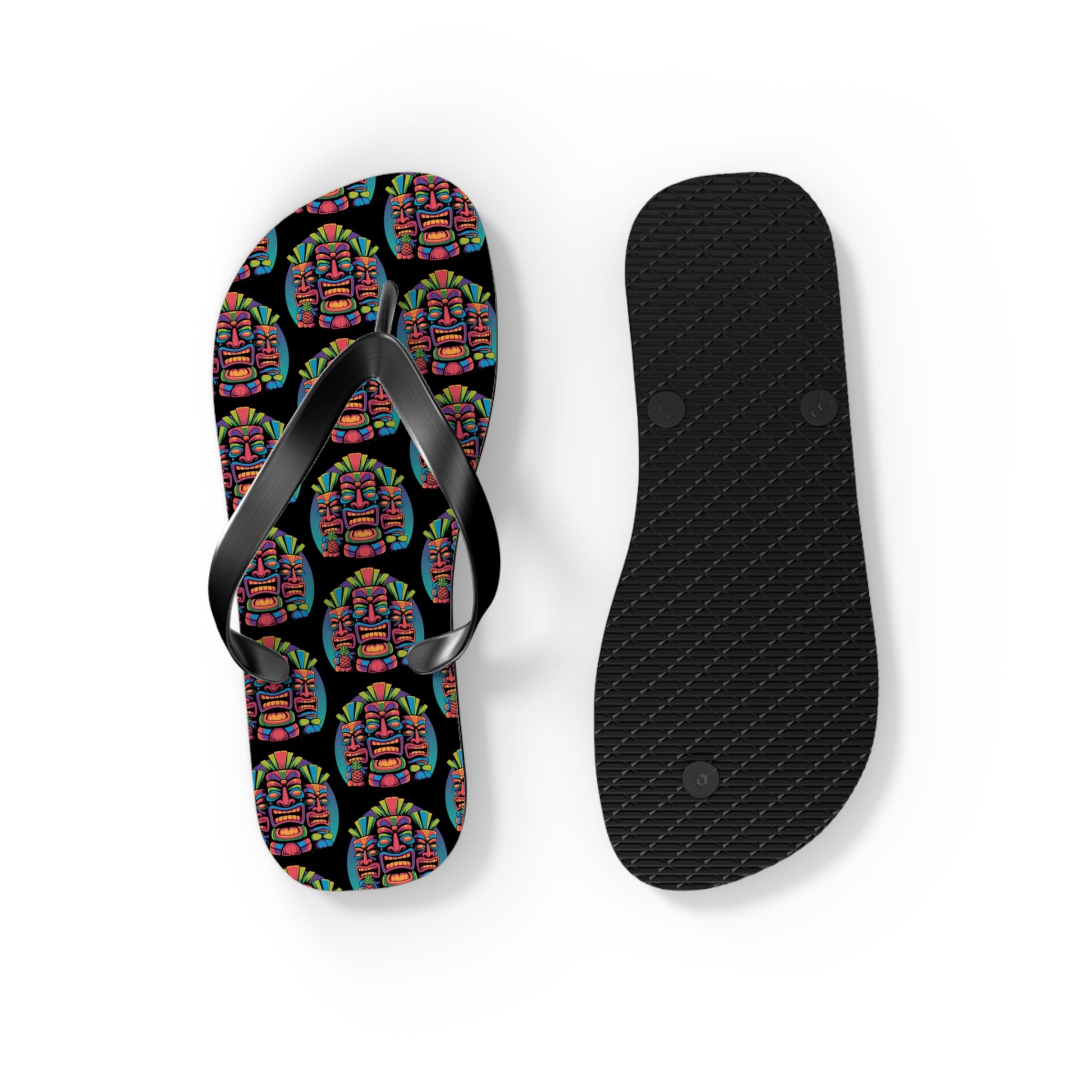 The Tropical Pineapple Flip Flops—ideal for summer fun—showcase a lively pineapple design on one side with a simple black textured sole on the other.