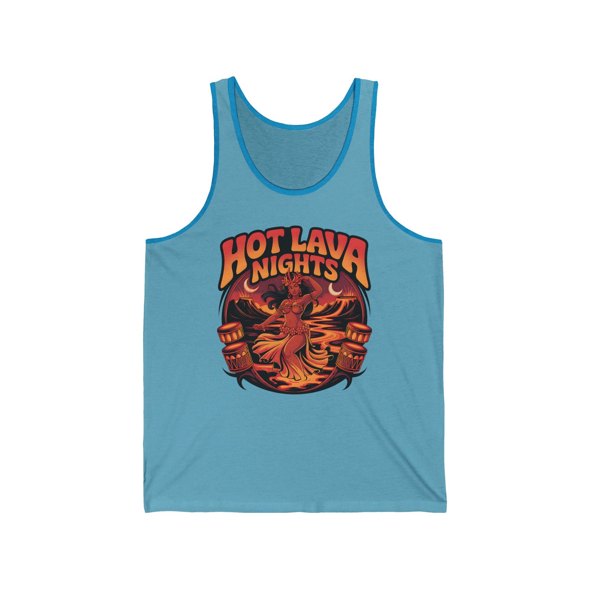 The Hot Lava Nights Unisex Jersey Tiki Tank Top features a vibrant design of a woman dancing in flames with two torches and HOT LAVA NIGHTS in retro lettering. Made from lightweight fabric for cool, breathable comfort—perfect for summer vibes.