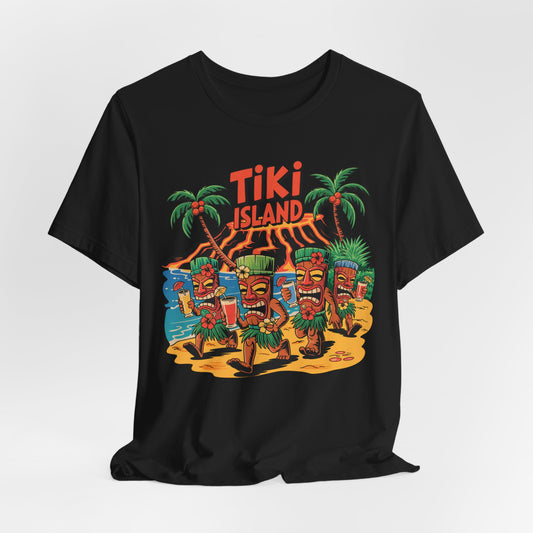 The Tiki Island Short Sleeve Tiki T-Shirt features four colorful dancing tikis, palm trees, a volcano, and waves—perfect for summer celebrations, beach vibes, or adding a tropical touch wherever you go.