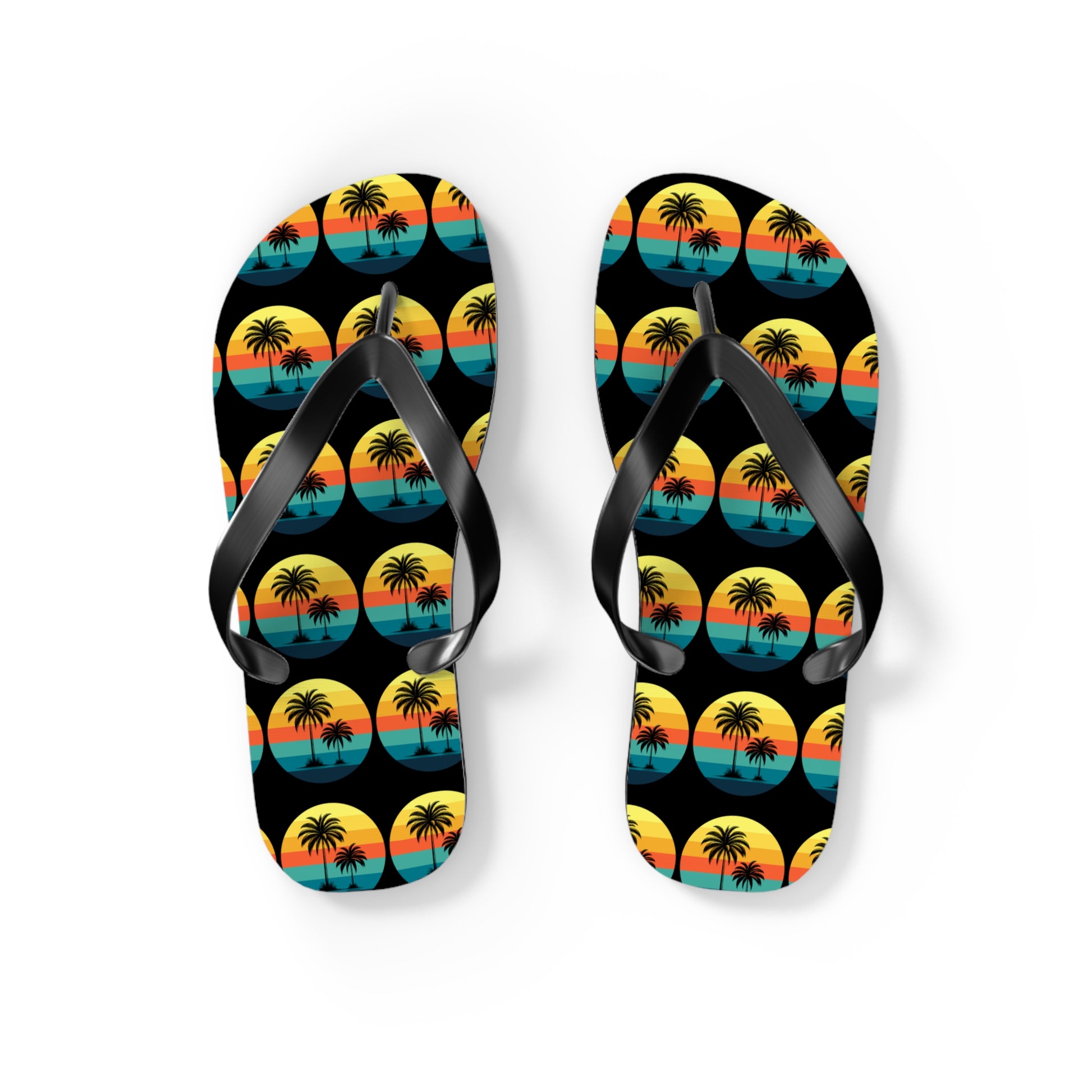 The Tropical Sunset Flip Flops - Summer Vibes with Palm Trees feature bold yellow, orange, and teal tropical sunset designs with palm trees on black straps and soles—ideal for beach lovers wanting to liven up their summer style.