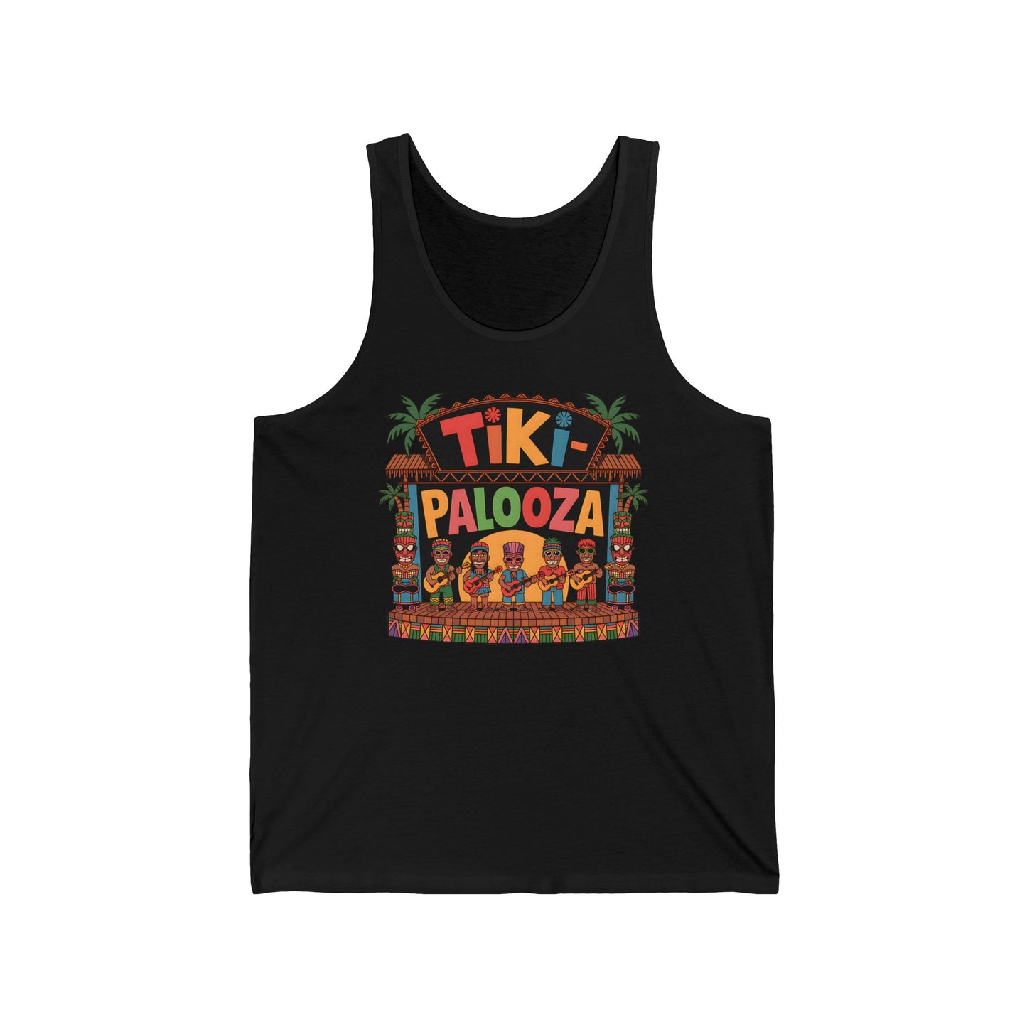 The Tiki Palooza Unisex Jersey Tiki Tank Top features a vibrant “Tiki Palooza!” graphic with palm trees, tiki statues, and five friends in tropical shirts at a tiki bar—perfect for summer vibes and festival fun.