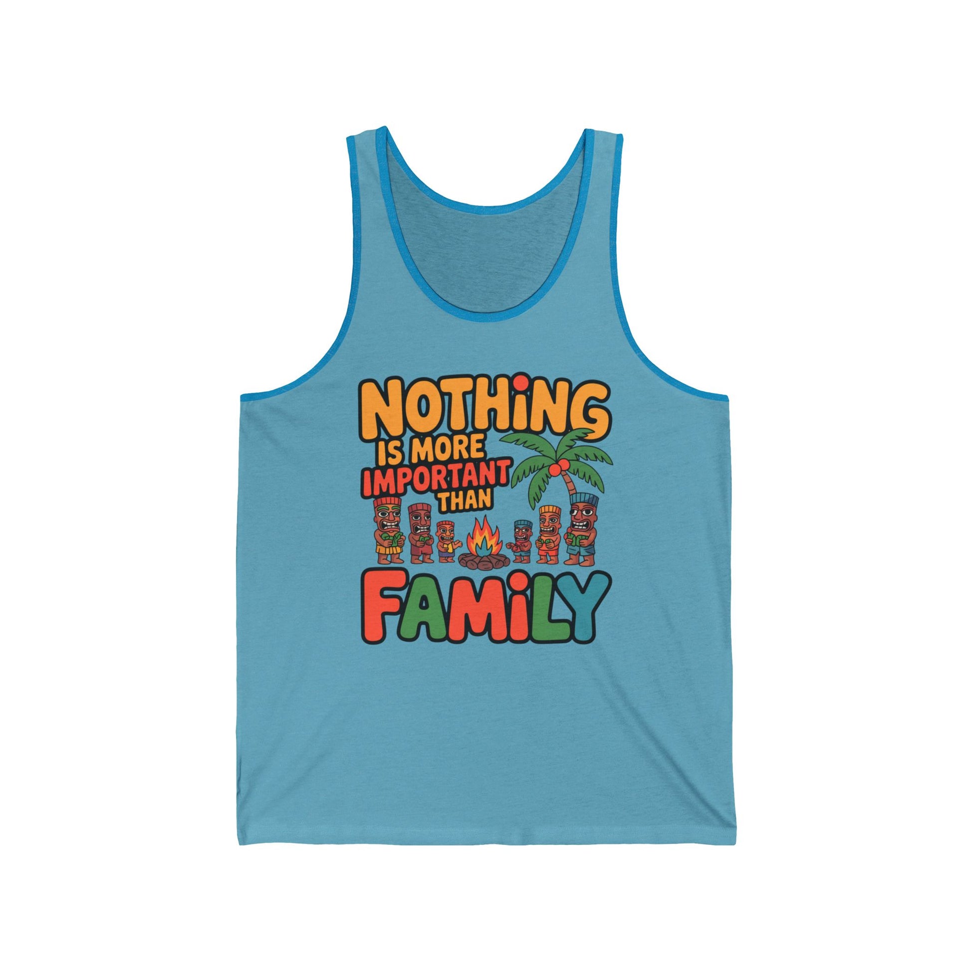 The Tiki Tank Top - Tropical Design is a light blue unisex jersey featuring colorful Nothing is more important than family text with palm tree and tiki faces, perfect for summer gatherings.