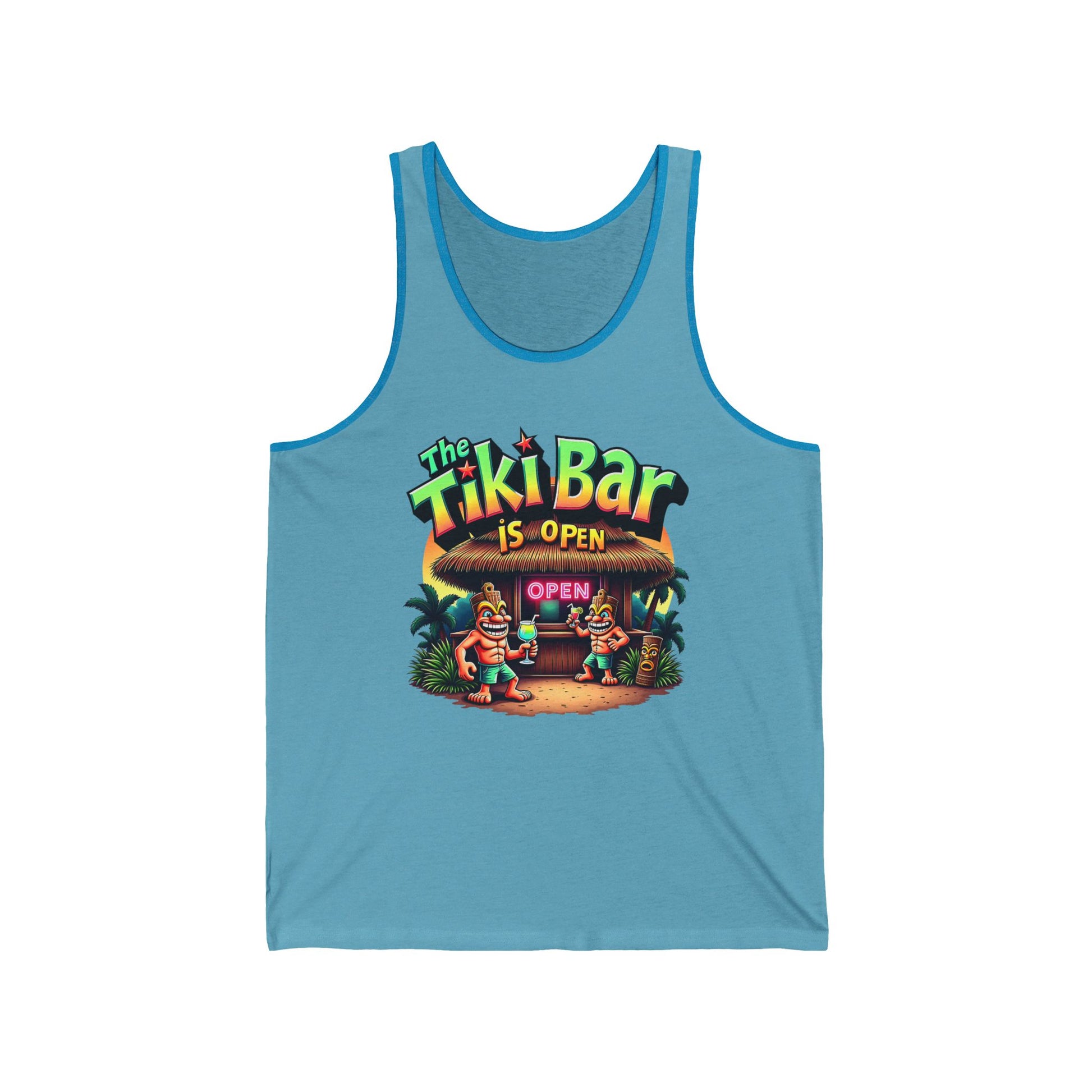 The Tiki Bar Unisex Jersey Tiki Tank Top features a colorful tiki bar graphic with cartoon figures and palm trees, plus “The Tiki Bar is Open.” Lightweight fabric ensures comfort and a laid-back tropical vibe—perfect for beach lovers.