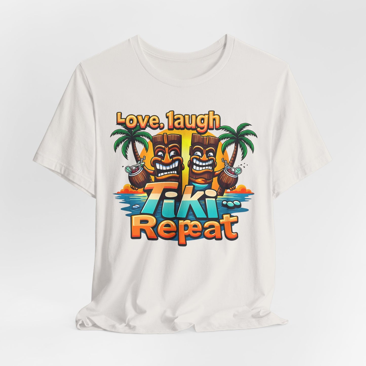The Tiki Love Unisex Short Sleeve Tiki T-Shirt features two smiling Tikis, palm trees, tropical drinks, and “Love. Laugh. Tiki. Repeat.” in bold colors—perfect for fun tropical vibes with a playful island style.