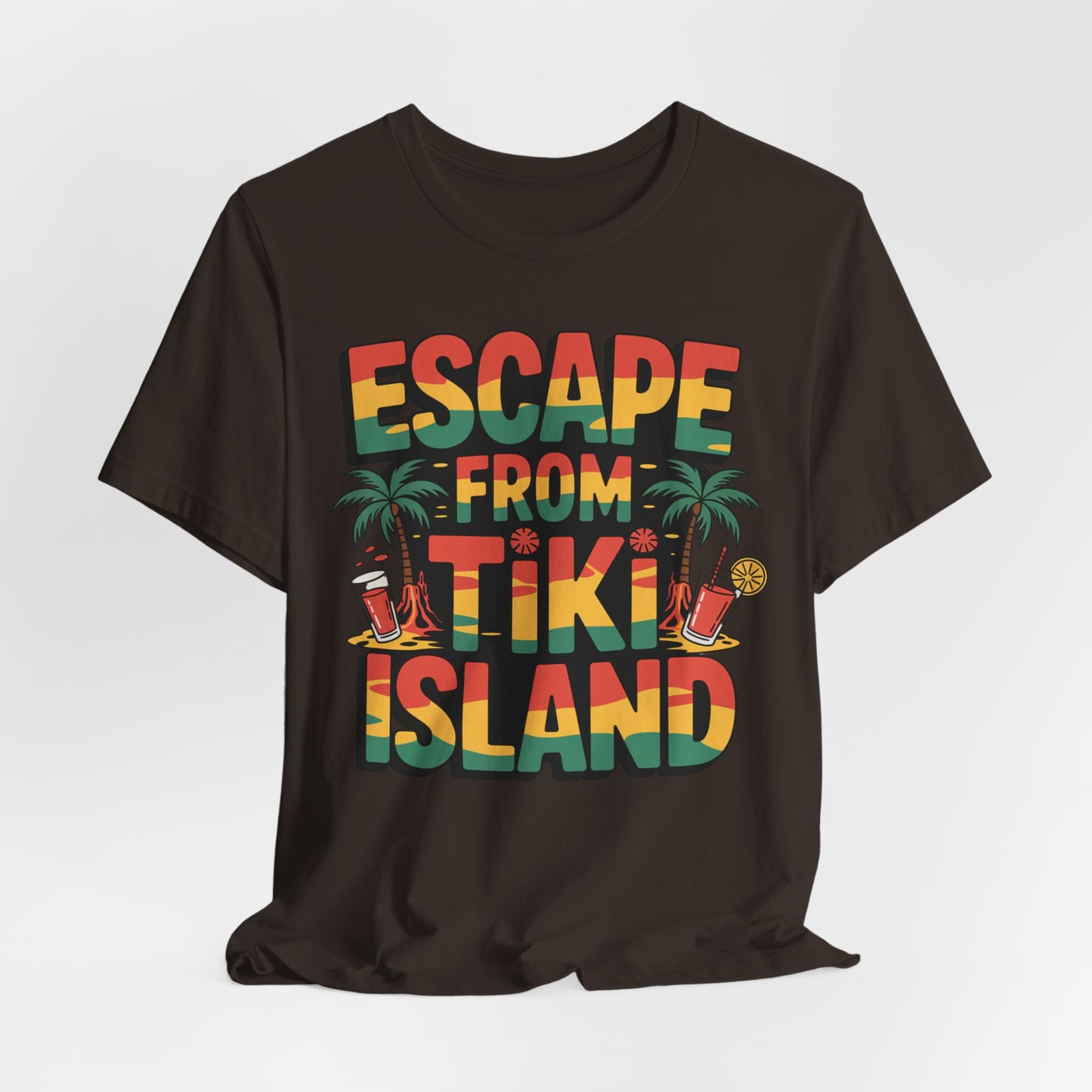 The Escape from Tiki Island Tiki T-Shirt is a black unisex jersey short sleeve shirt with colorful “Escape from Tiki Island” text, palm trees, tropical drinks, and flowers—ideal for summer adventures and island vibes.