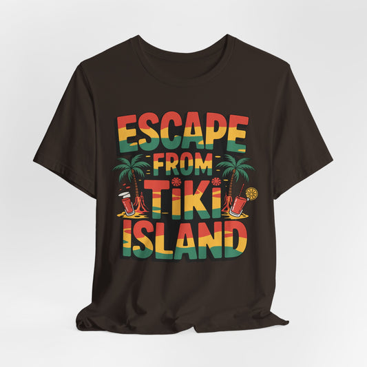 The Escape from Tiki Island Tiki T-Shirt is a black unisex jersey short sleeve shirt with colorful “Escape from Tiki Island” text, palm trees, tropical drinks, and flowers—ideal for summer adventures and island vibes.