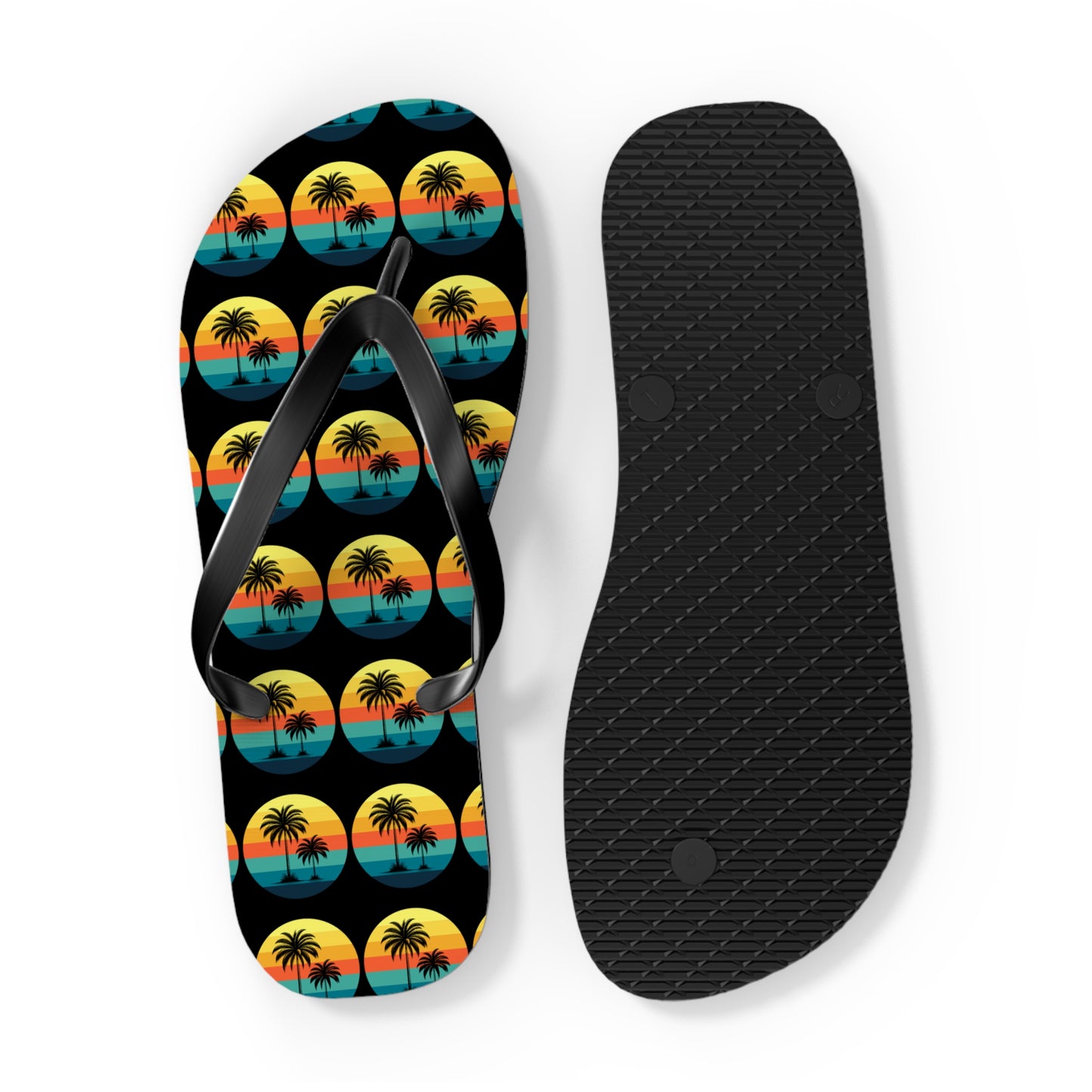 Tropical Sunset Flip Flops - Summer Vibes with Palm Trees: One flip flop features a black sole, the other a palm tree pattern with yellow, orange, and blue sunset circles—perfect for beach lovers and your summer wardrobe.