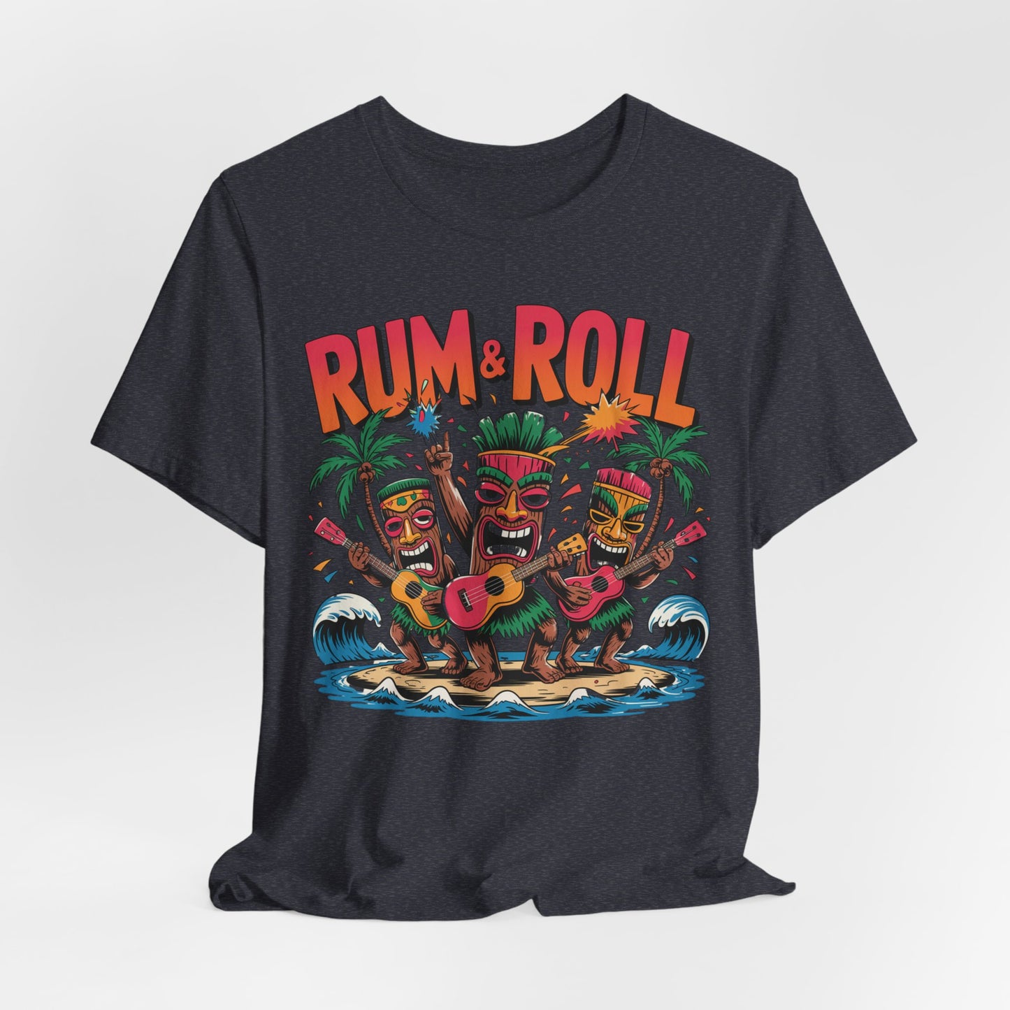 The Rum & Roll Tropical Vibe Unisex Tiki T-Shirt features a black tee with three colorful tiki figures with guitars, palm trees, waves, and the bold Rum & Roll design for tropical flair.