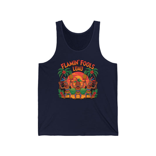 Add fun to your summer style with the Flamin Fools Luau Unisex Jersey Tiki Tank Top, featuring vibrant tiki graphics under palm trees and a sunset with FLAMIN FOOLS LUAU above—ideal for beach outings and summer parties.