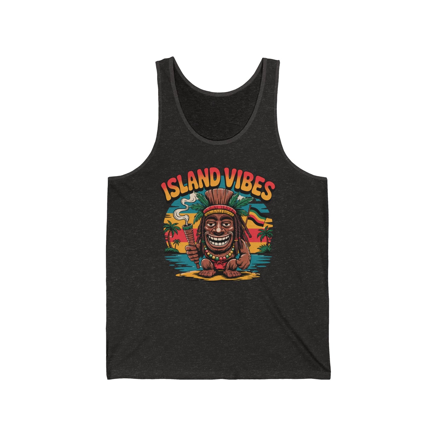 The Island Vibes Unisex Jersey Tiki Tank Top features a smiling tiki with a thumbs up by the ocean at sunset and palm trees, plus bold ISLAND VIBES text—perfect lightweight fabric for beach days and summer celebrations.