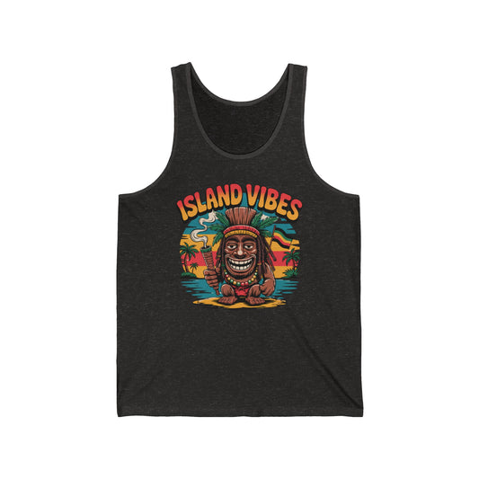 The Island Vibes Unisex Jersey Tiki Tank Top features a smiling tiki with a thumbs up by the ocean at sunset and palm trees, plus bold ISLAND VIBES text—perfect lightweight fabric for beach days and summer celebrations.