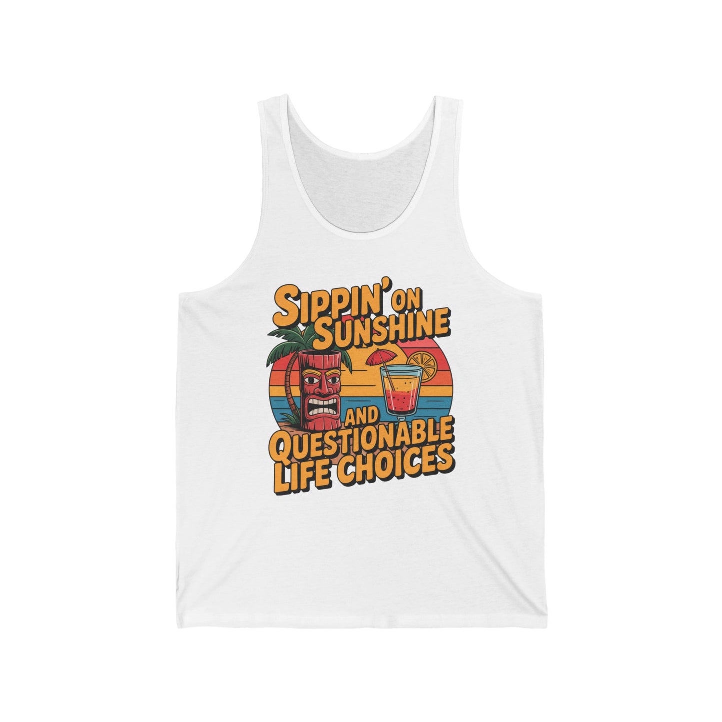 The Sippin on Sunshine Unisex Jersey Tank boasts a bold tiki drink, cocktail, and palm tree print with the phrase Sippin on Sunshine and Questionable Life Choices—just right for summer vibes and fun celebrations.