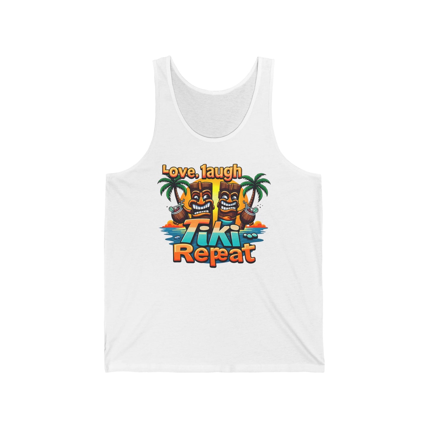 The Tiki Tank Top - Love, Laugh, Tiki Repeat showcases two vibrant tiki statues, palm trees, and playful text—ideal for summer parties or showing your love for tiki culture with its fun, tropical design.