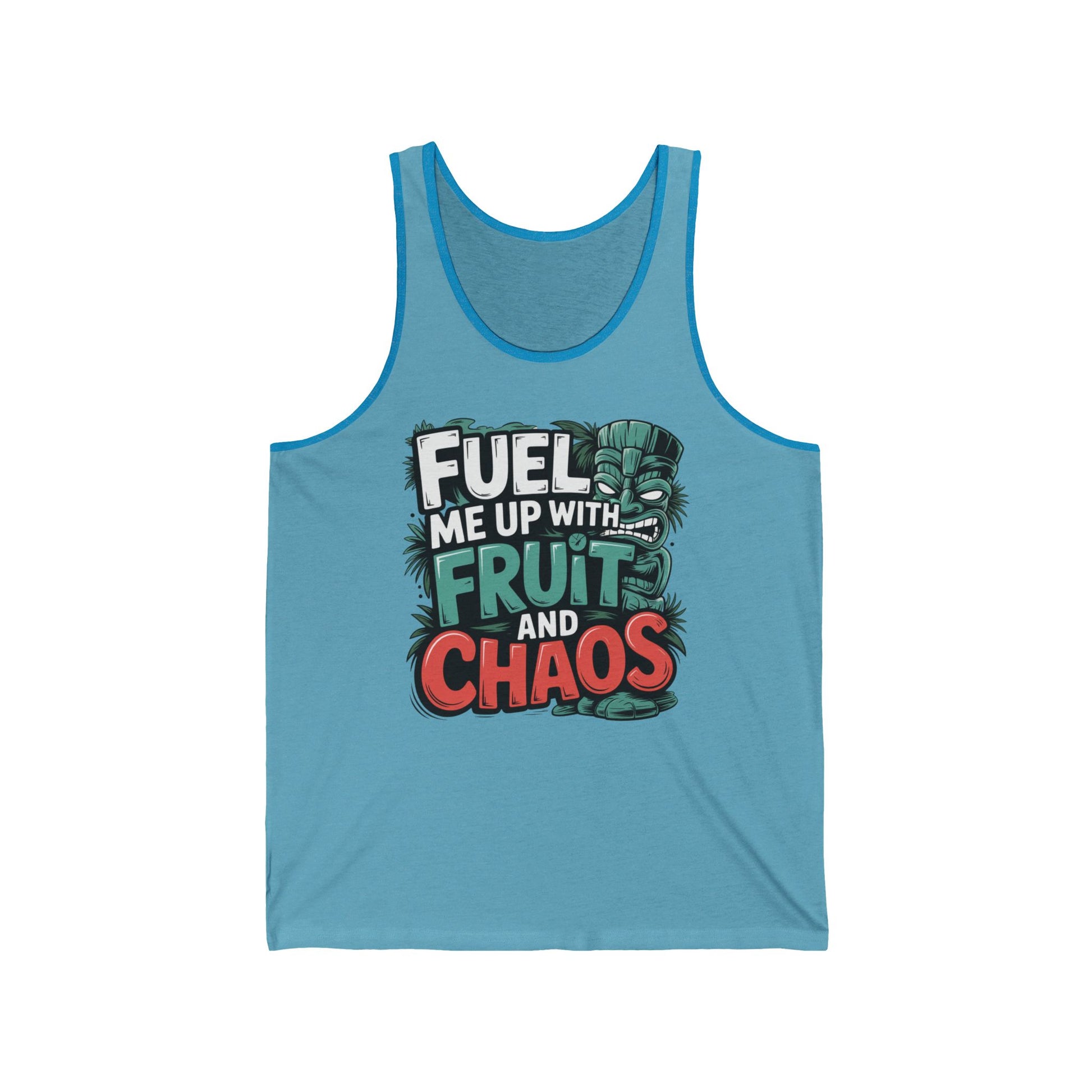 The Fuel Me Up with Fruit and Chaos- Tiki Tank Top is a blue summer top featuring bold white, green, and red text with tropical leaves and a carved tiki face for a vibrant fruity look.