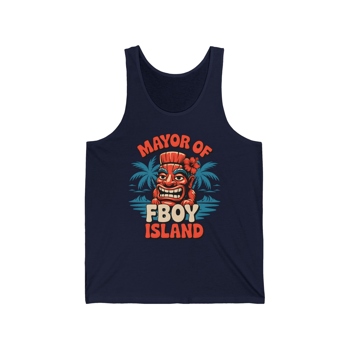 The Mayor of Fboy Island Unisex Jersey Tiki Tank Top features a navy blue design with a vibrant tiki face, palm trees, and bold orange text. Enjoy breathable comfort—perfect for summer, beach days, and vacations.