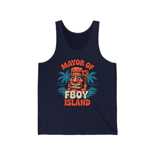 The Mayor of Fboy Island Unisex Jersey Tiki Tank Top features a navy blue design with a vibrant tiki face, palm trees, and bold orange text. Enjoy breathable comfort—perfect for summer, beach days, and vacations.