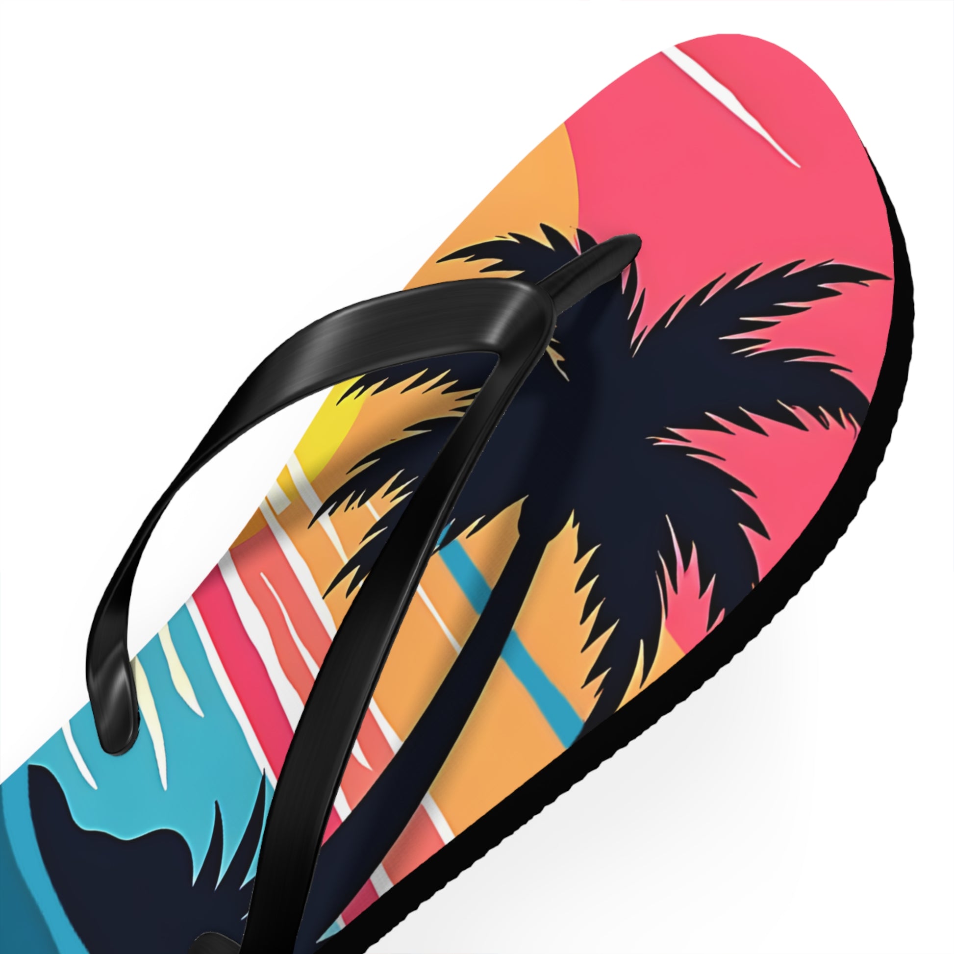 A close-up of Tropical Sunset Flip Flops | Beach Vibes Sandals with black straps and a vibrant sunset, palm trees, and ocean waves design—ideal for beach lovers and summer style.