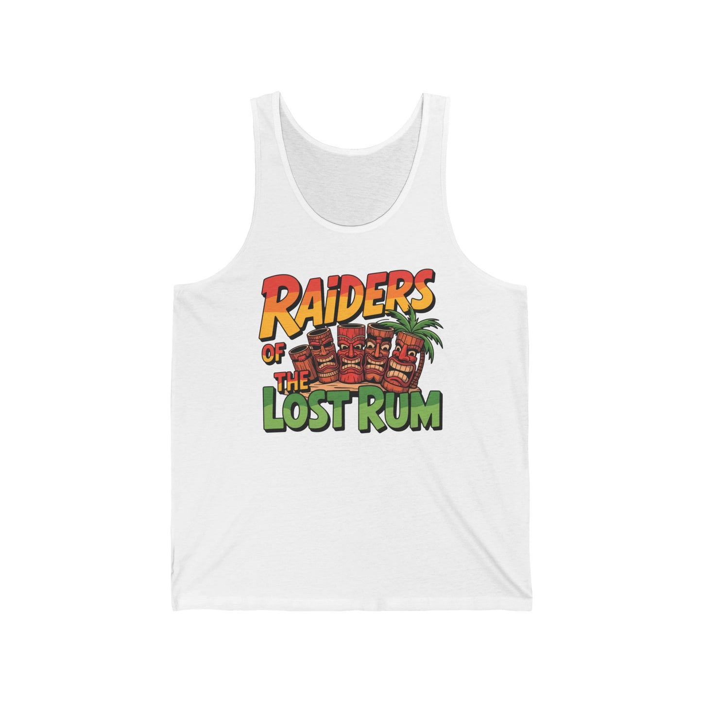 The Raiders of the Lost Rum Unisex Tiki Tank Top features colorful text and tiki mugs, evoking a playful tropical summer vibe—perfect for parties, beach days, or festivals.