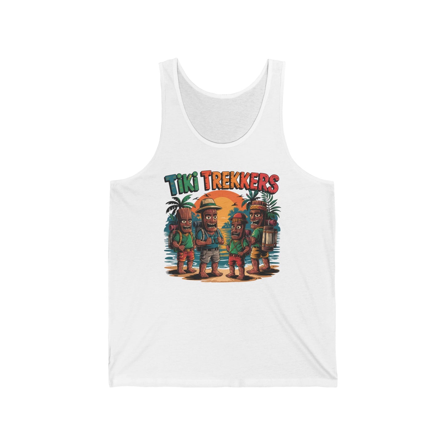 The Tiki Trekkers Unisex Jersey Tiki Tank Top features four explorer tikis with hats and gear by palm trees at sunset, “Tiki Trekkers” text above—perfect for summer adventures, beach days, festivals, or holidays.