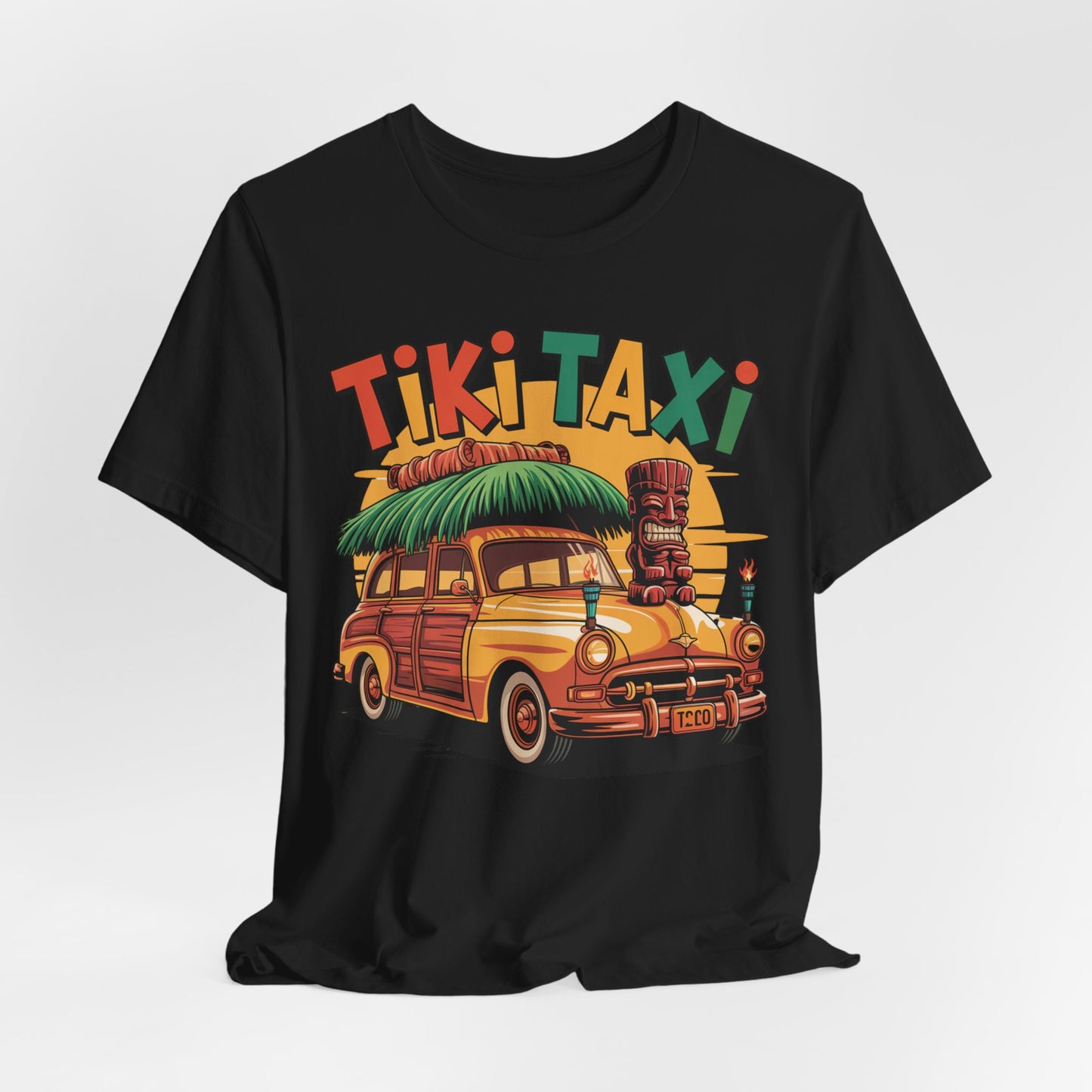 The Tiki Taxi Graphic Tiki T-Shirt for Summer Vibes is a black unisex jersey tee with a vibrant tiki taxi, woody car, surfboard, and palm leaves—ideal for beach lovers seeking retro tropical style.