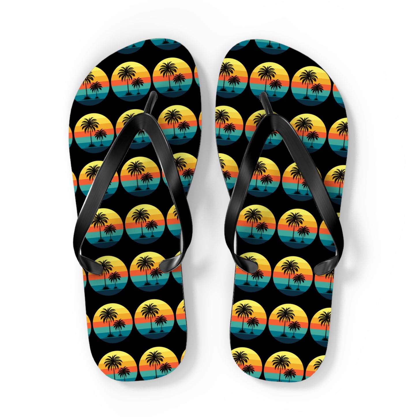Tropical Sunset Flip Flops - Summer Vibes with Palm Trees: Black-strapped flip flops featuring vibrant patterns of sunsets, palm trees, and waves—ideal for beach lovers seeking a colorful addition to their summer style.