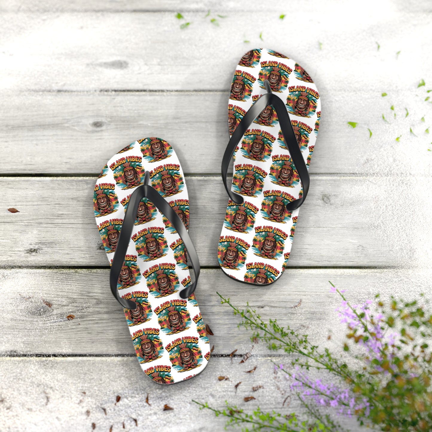 The Island Vibes Tiki Flip Flops are colorful casual footwear featuring a repeating tiki face and “Island Vibes” on white—perfect for beach lovers and summer fun.