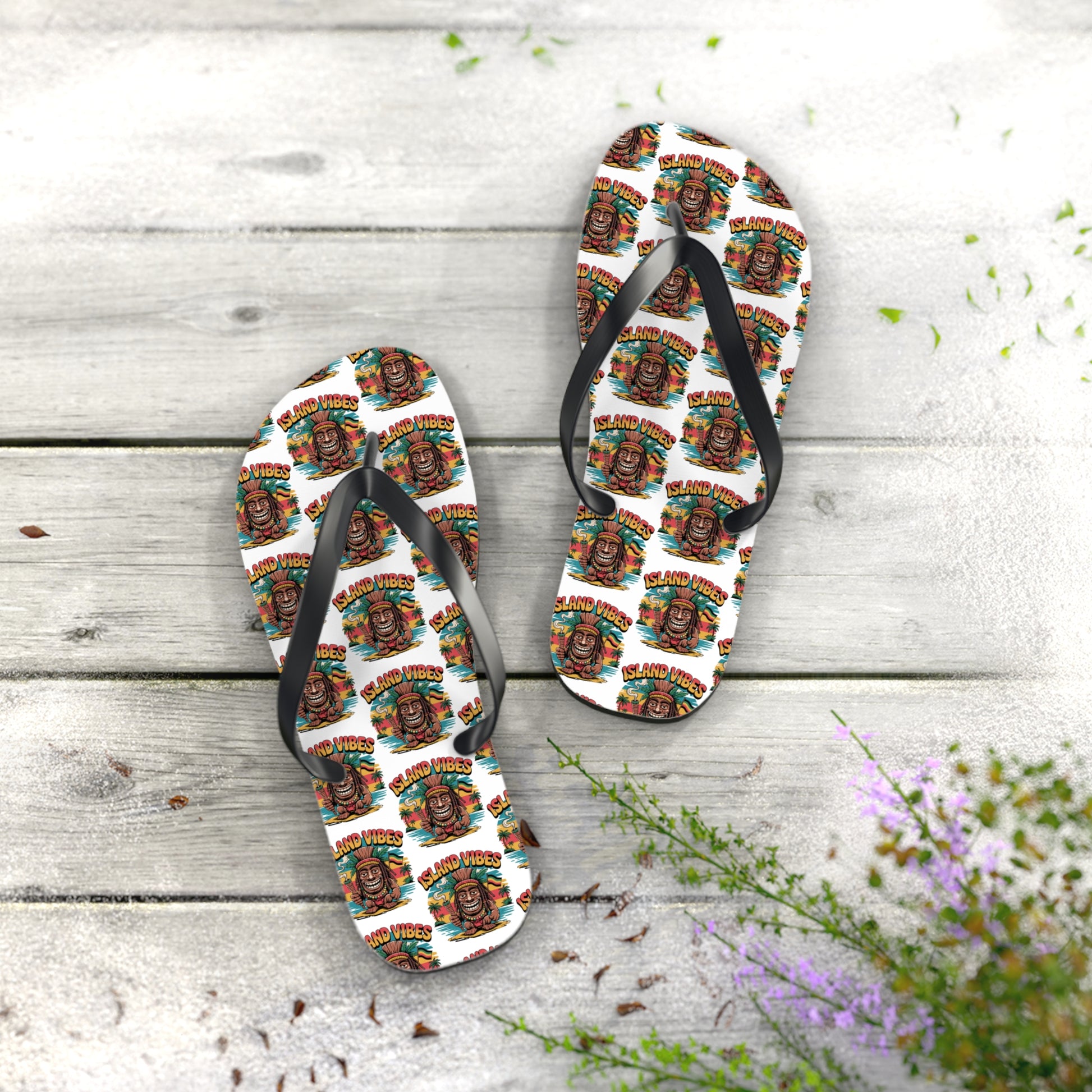 The Island Vibes Tiki Flip Flops are colorful casual footwear featuring a repeating tiki face and “Island Vibes” on white—perfect for beach lovers and summer fun.