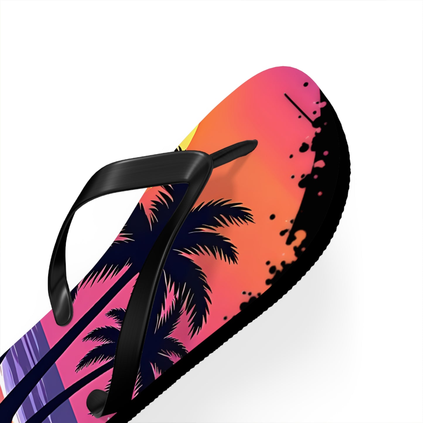 Step into summer with the Tropical Sunset Flip Flops—Beach Vibes Sandals featuring black straps and a vibrant beach scene with palm trees and a sunset in orange, pink, and purple. Perfect for stylish beach trips!.