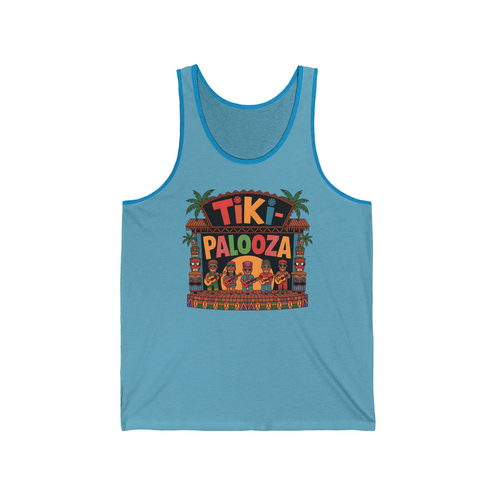 The Tiki Palooza Unisex Jersey Tiki Tank Top showcases a vibrant graphic with tiki statues, palm trees, and cartoon people under a festive sign—perfect for summer vibes and festival fun.