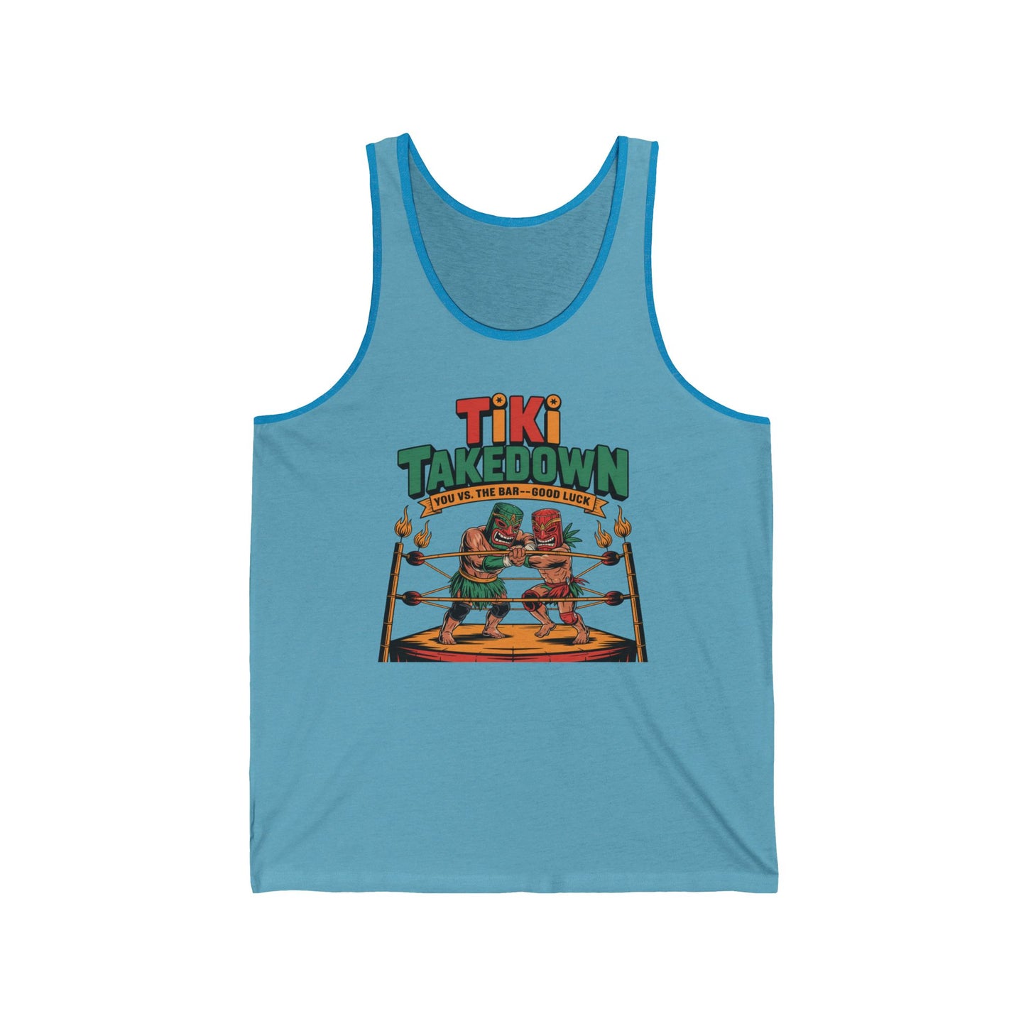 The Tiki Takedown Unisex Jersey Tank features two tiki figures boxing with “Tiki Takedown” above and “You vs. the Bad Good Luck” below—an ideal fun summer tank top for parties and celebrations.