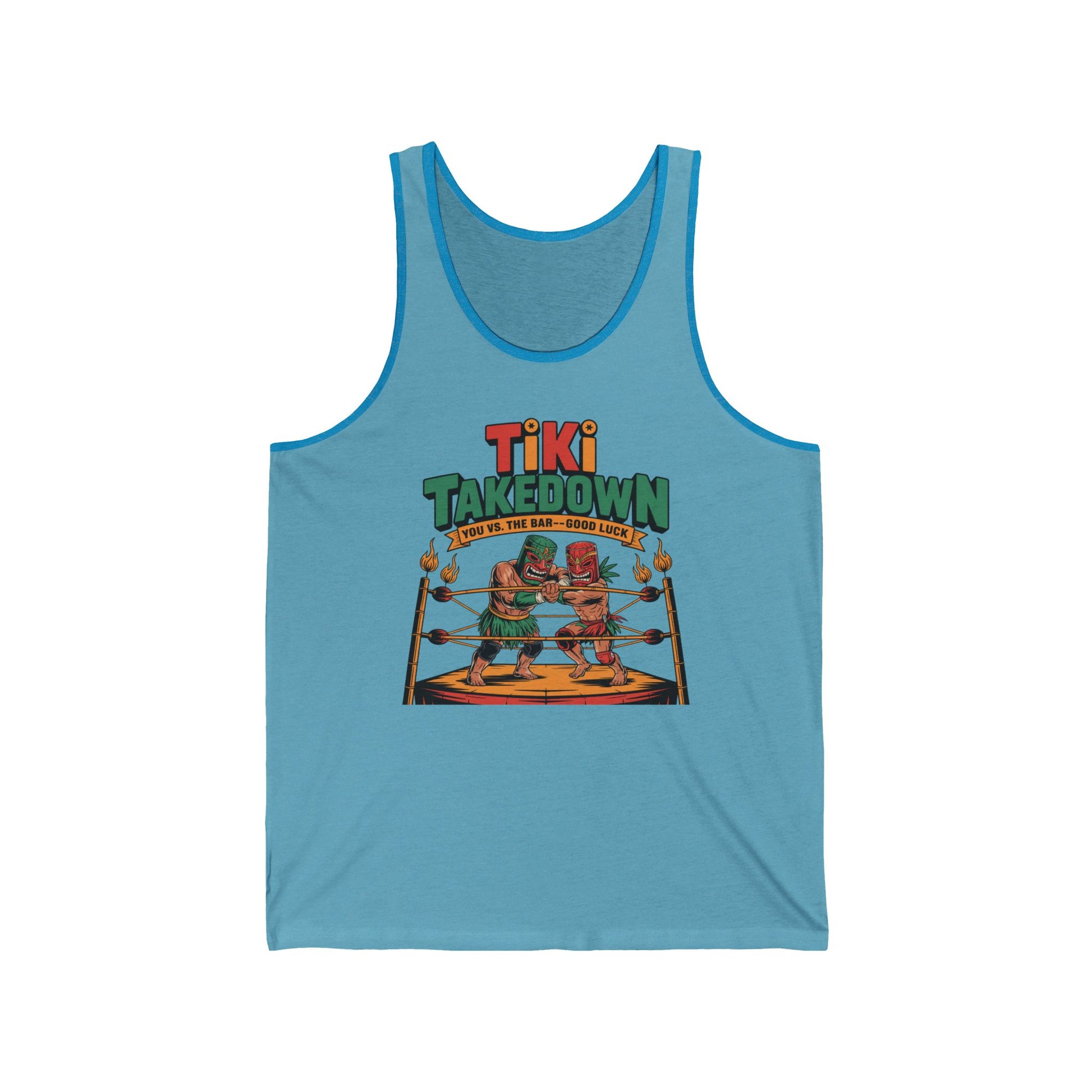 The Tiki Takedown Unisex Jersey Tank features two tiki figures boxing with “Tiki Takedown” above and “You vs. the Bad Good Luck” below—an ideal fun summer tank top for parties and celebrations.