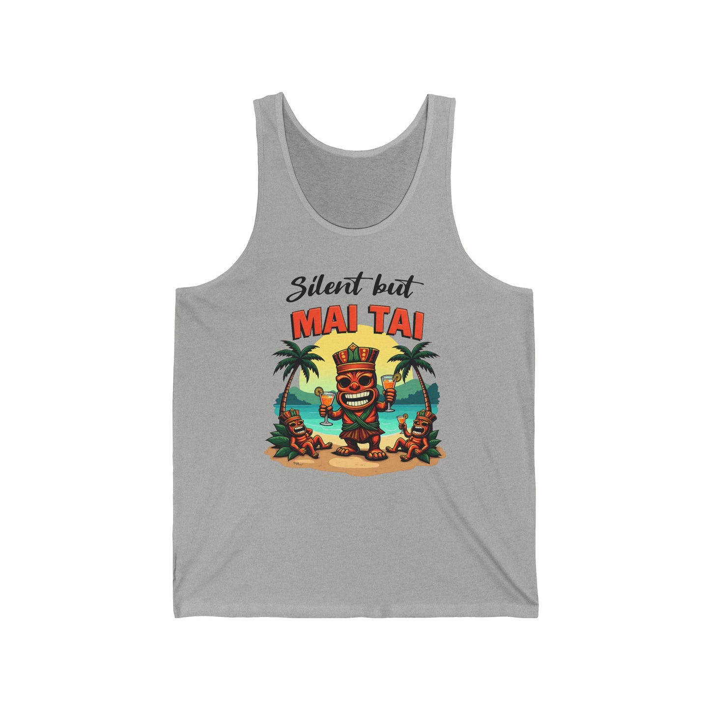 The Silent but Mai Tai Unisex Jersey Tiki Tank Top features a tiki on a tropical beach with palm trees and bold, colorful text—perfect for summer parties and luau celebrations.