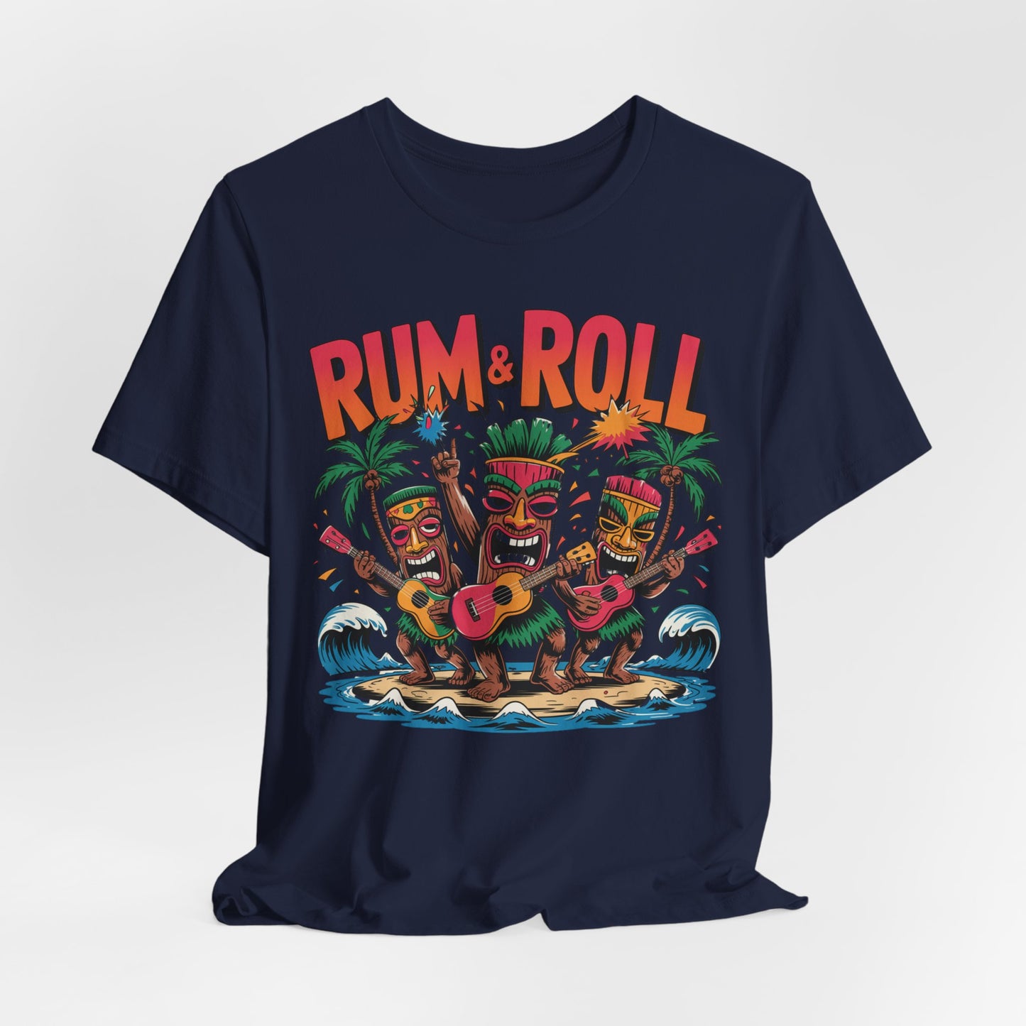 The Rum & Roll Tropical Vibe Unisex Tiki T-Shirt features three tiki characters playing guitars on an island with palm trees, ocean waves, and a bold Rum & Roll design in vibrant red and orange above.