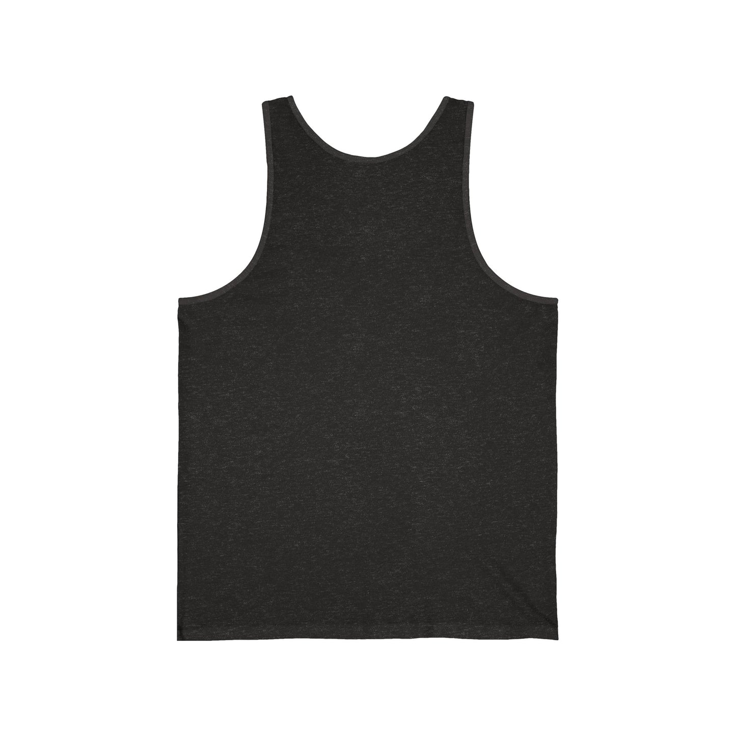 The Beach Vibes Unisex Jersey Tiki Tank Top – Dont Worry Beach Happy is shown laid flat, back view on a white background. This lightweight sleeveless top has a rounded neckline, standard armholes, and simple design.