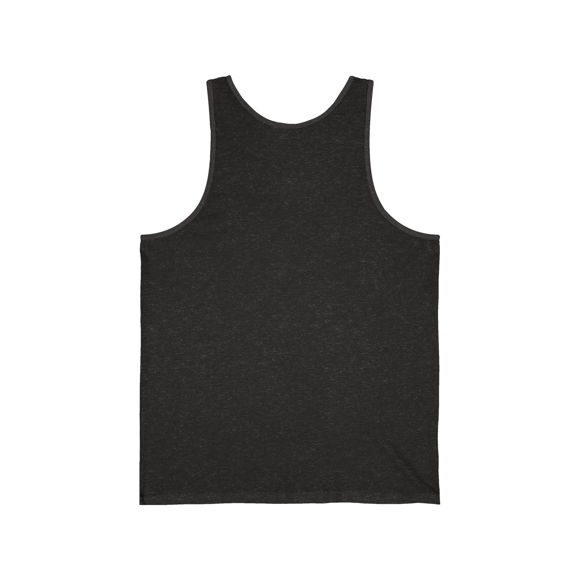 The Beach Vibes Unisex Jersey Tiki Tank Top – Dont Worry Beach Happy is shown laid flat, back view on a white background. This lightweight sleeveless top has a rounded neckline, standard armholes, and simple design.