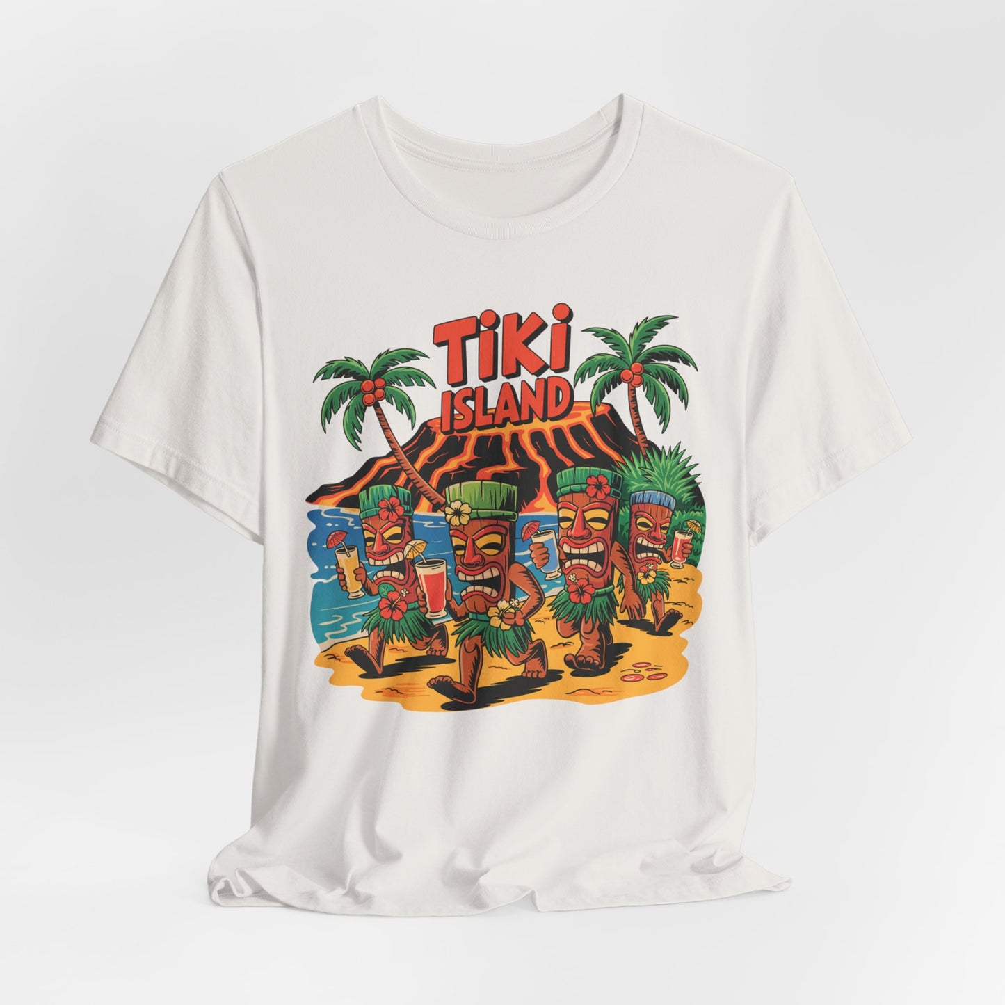 The Tiki Island Short Sleeve Tiki T-Shirt features four dancing tiki statues, palm trees, a beach, volcano, and bold Tiki Island text—perfect for summer celebrations and tropical-themed events.