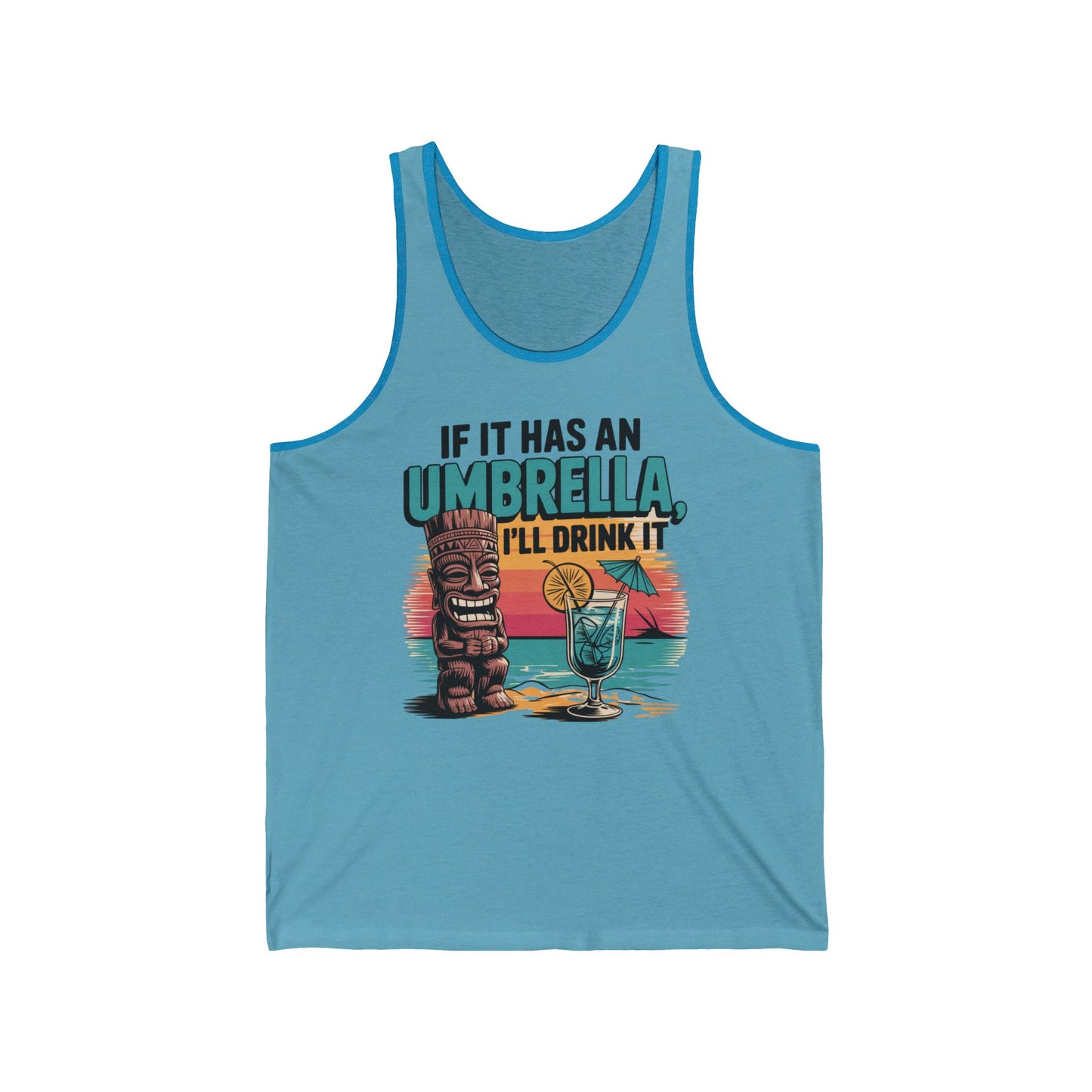 The Tropical Vibe Unisex Jersey Tiki Tank Top features a blue design with a tiki statue, tropical drink, sunset, and If It Has An Umbrella, Ill Drink It text—perfect for summer vacation wear.
