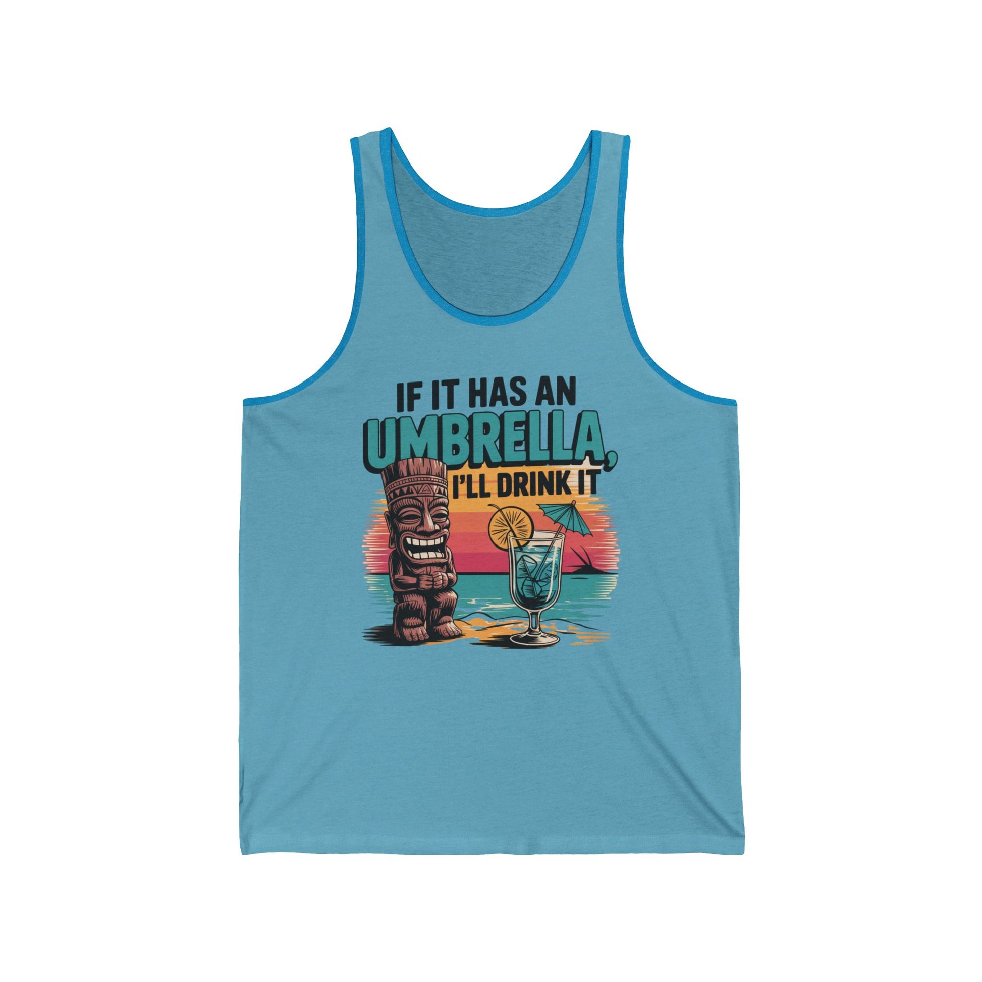 The Tropical Vibe Unisex Jersey Tiki Tank Top features a blue design with a tiki statue, tropical drink, sunset, and If It Has An Umbrella, Ill Drink It text—perfect for summer vacation wear.