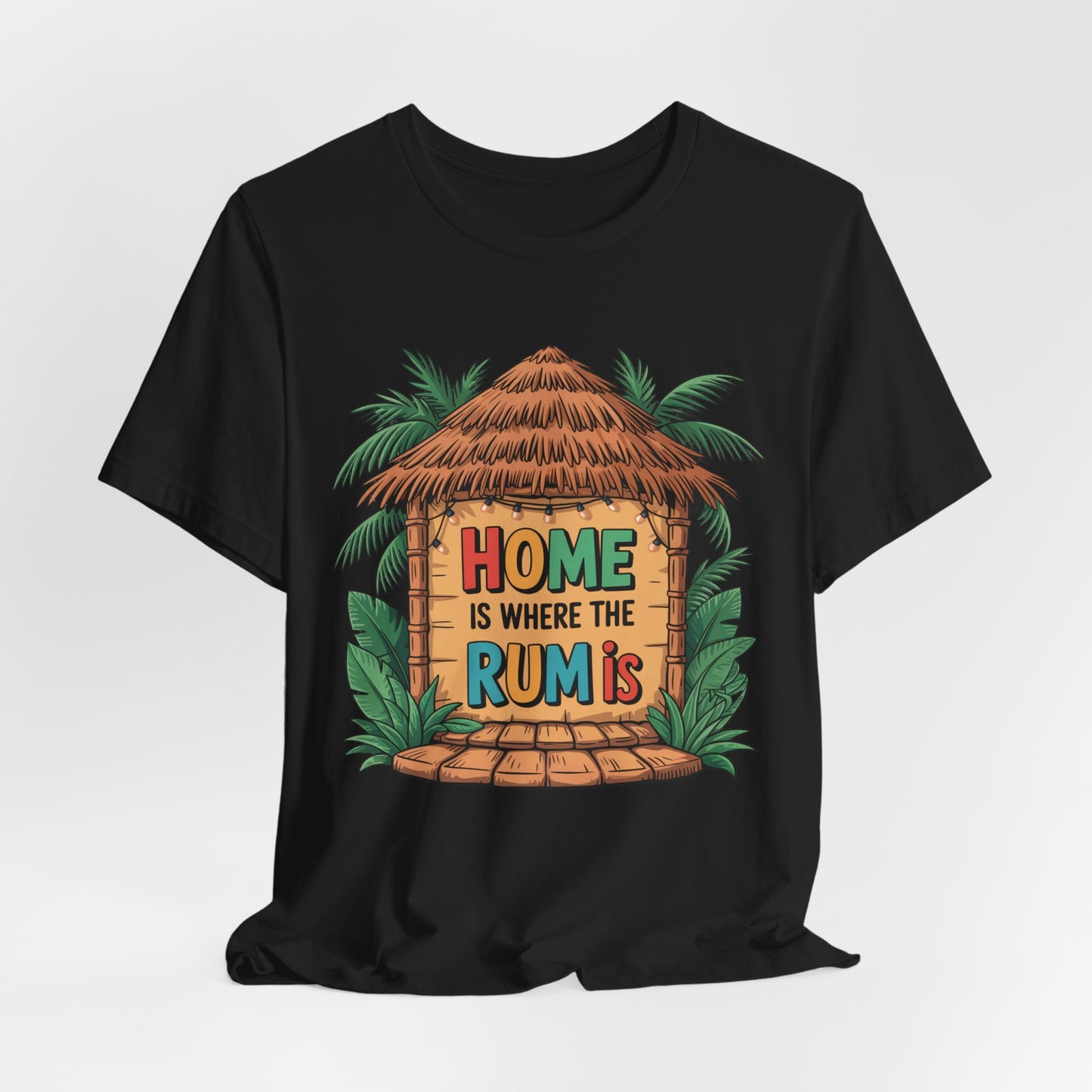 The Home is Where the Rum Is Unisex Jersey Tiki T-Shirt - Tropical Vibe T-Shirt features a black, soft Airlume cotton fabric with a vibrant tiki hut, lush foliage, and Home is Where the Rum Is in playful print.