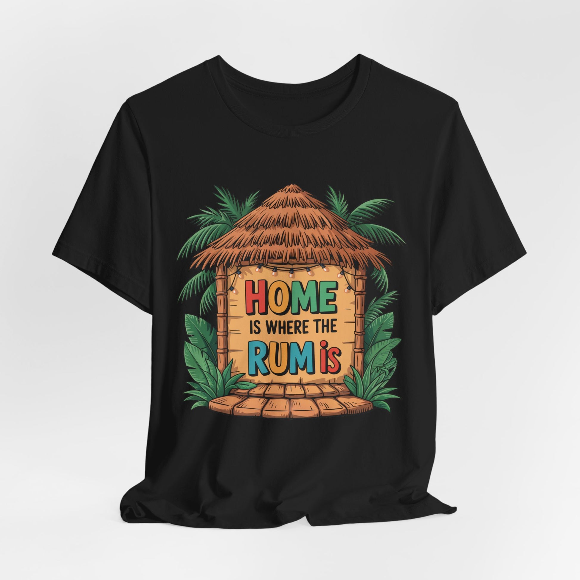 The Home is Where the Rum Is Unisex Jersey Tiki T-Shirt - Tropical Vibe T-Shirt features a black, soft Airlume cotton fabric with a vibrant tiki hut, lush foliage, and Home is Where the Rum Is in playful print.
