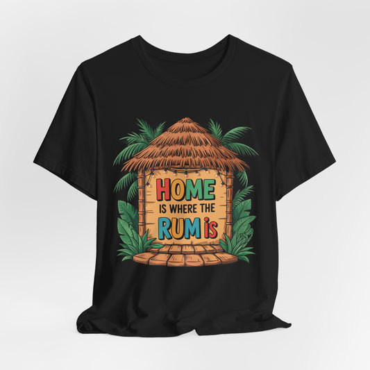 The Home is Where the Rum Is Unisex Jersey Tiki T-Shirt - Tropical Vibe T-Shirt features a black, soft Airlume cotton fabric with a vibrant tiki hut, lush foliage, and Home is Where the Rum Is in playful print.