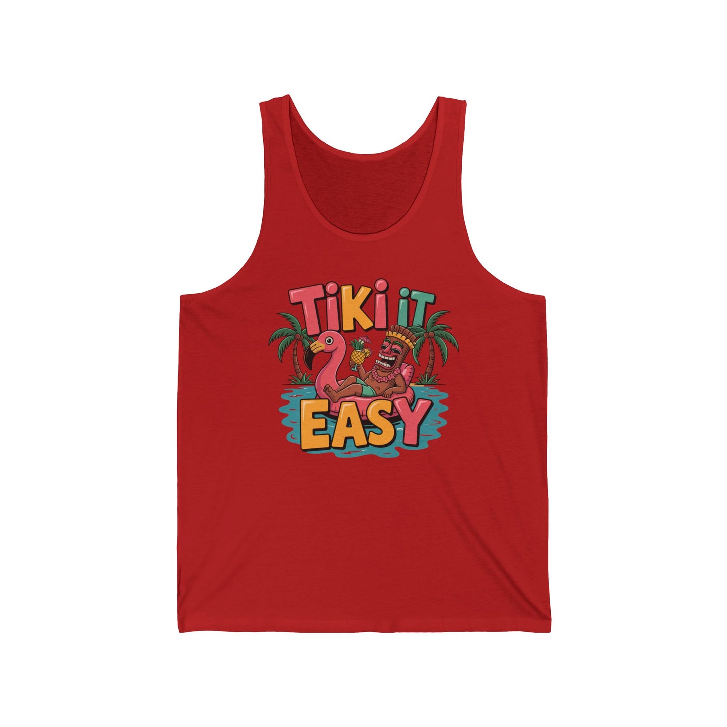 The Tiki It Easy Unisex Jersey Tiki Tank Top features a vibrant red design with a pink flamingo, tiki statue, and palm trees by water, plus bold Tiki It Easy lettering. Lightweight for comfort—perfect for summer vibes and beach parties.