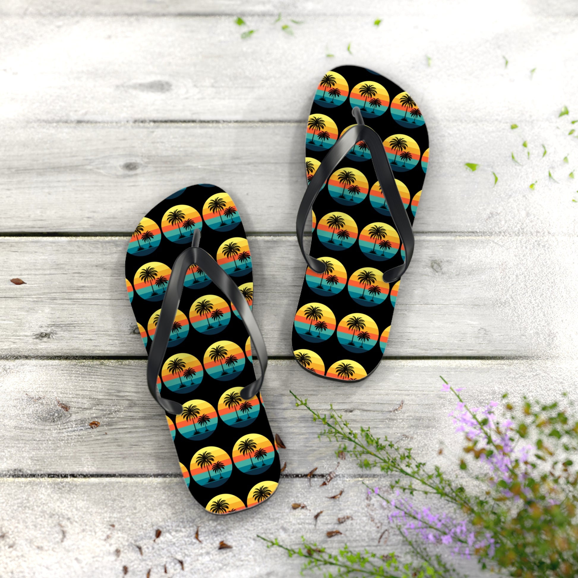 Tropical Sunset Flip Flops - Summer Vibes with Palm Trees feature a colorful sunset and palm tree pattern—perfect for beach lovers looking to add a vibrant touch to their summer wardrobe.
