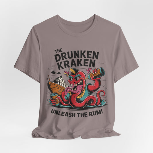 The Drunken Kraken Unisex Tiki T-Shirts – Unleash the Rum Graphic features a cartoon kraken with rum mug and ship, nautical mischief, and the text THE DRUNKEN KRAKEN above, UNLEASH THE RUM! below the colorful design.